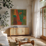 Bohemian Leaves II by Veronique Charron. Shown in a natural wood frame in a cozy modern living room. Available as an archival giclee rolled canvas, fine art paper, or poster print. SKU 28892a.