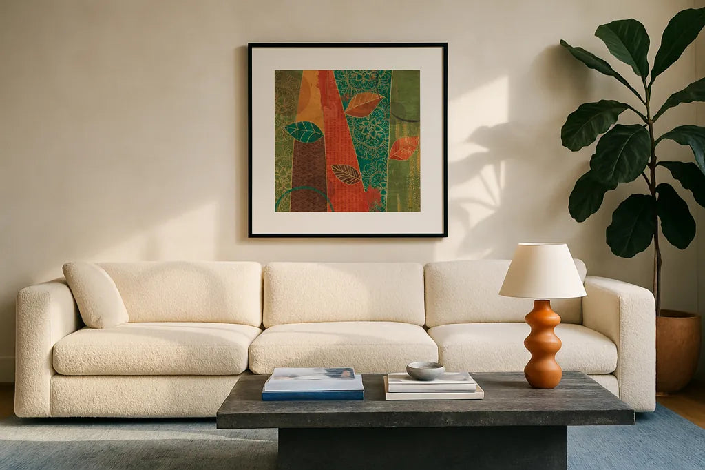 Bohemian Leaves II by Veronique Charron. Displayed in a glass frame with matte in a clean modern living room. Available as an archival giclee rolled canvas, fine art paper, or poster print. SKU 28892a.