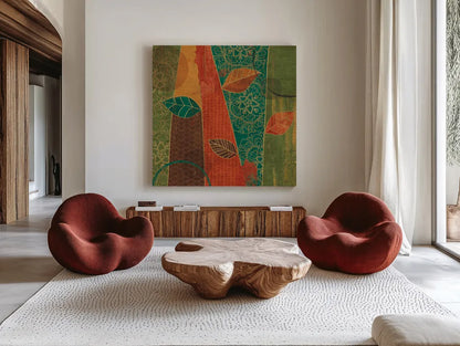 Bohemian Leaves II by Veronique Charron. Shown as extra-large giant wall art in a modern living room. Available as an archival giclee rolled canvas, fine art paper, or poster print. SKU 28892a.