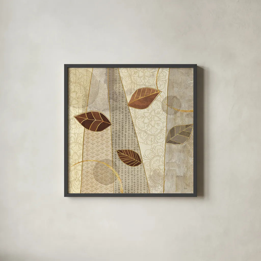 Bohemian Leaves II Neutral by Veronique Charron. Shown in a sleek black glass frame for a contemporary gallery look. Available as an archival giclee rolled canvas, fine art paper, or poster print. SKU 28897a.