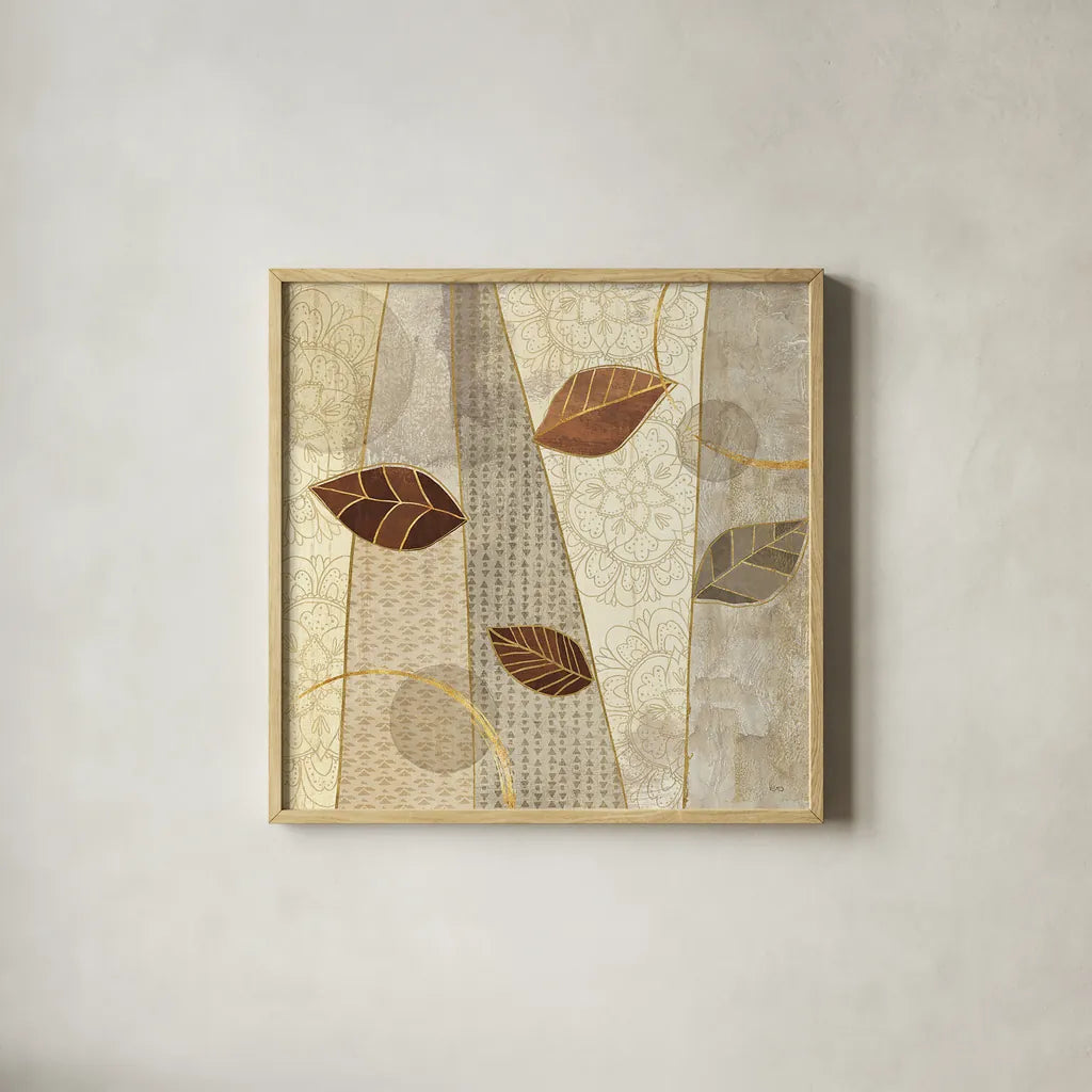 Bohemian Leaves II Neutral by Veronique Charron. Shown in a natural wood glass frame for a timeless modern aesthetic. Available as an archival giclee rolled canvas, fine art paper, or poster print. SKU 28897a.