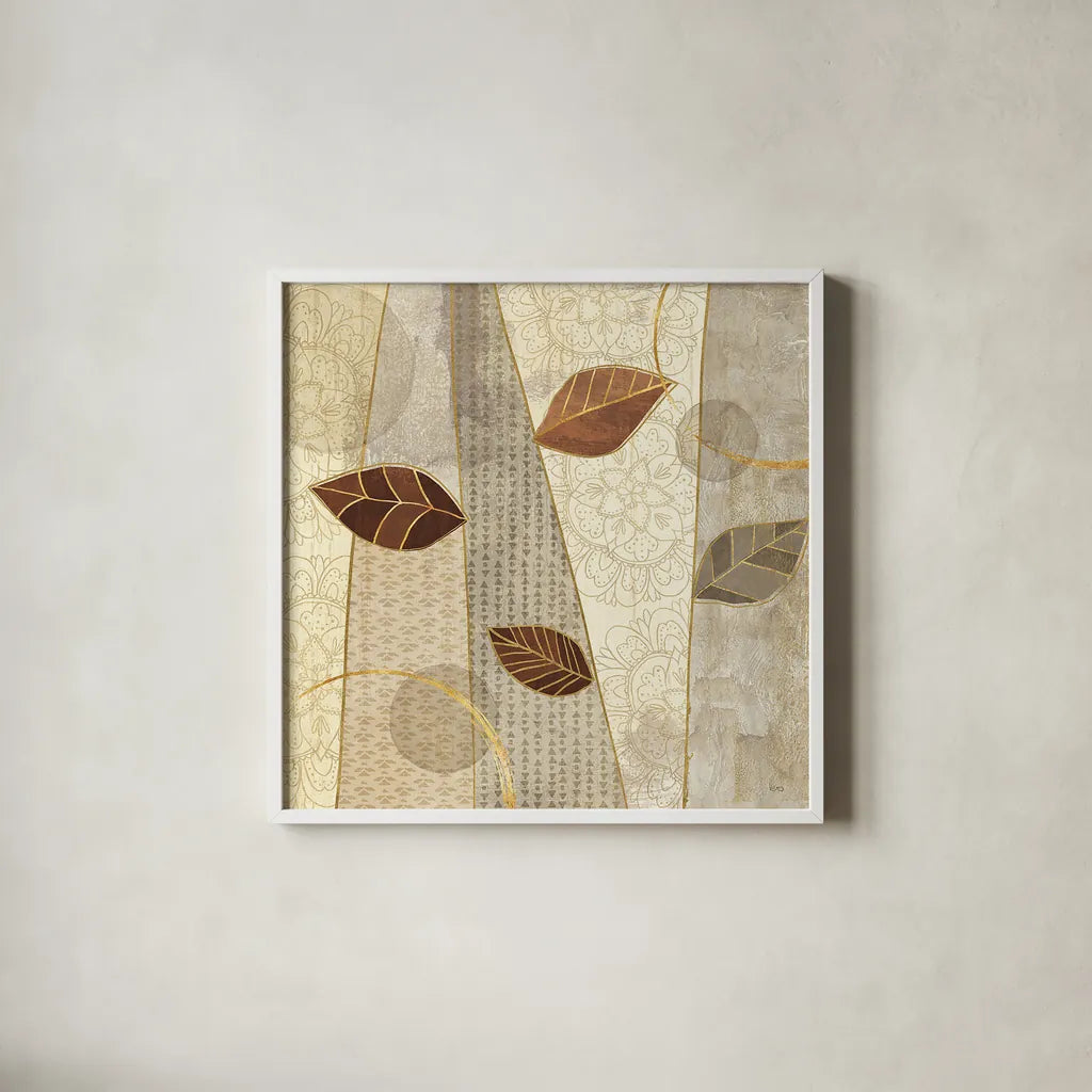 Bohemian Leaves II Neutral by Veronique Charron. Shown in a crisp white glass frame for a clean and minimalist style. Available as an archival giclee rolled canvas, fine art paper, or poster print. SKU 28897a.