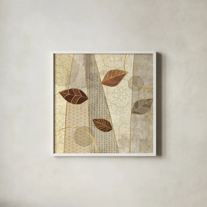 Bohemian Leaves II Neutral by Veronique Charron. Shown in a crisp white glass frame for a clean and minimalist style. Available as an archival giclee rolled canvas, fine art paper, or poster print. SKU 28897a.