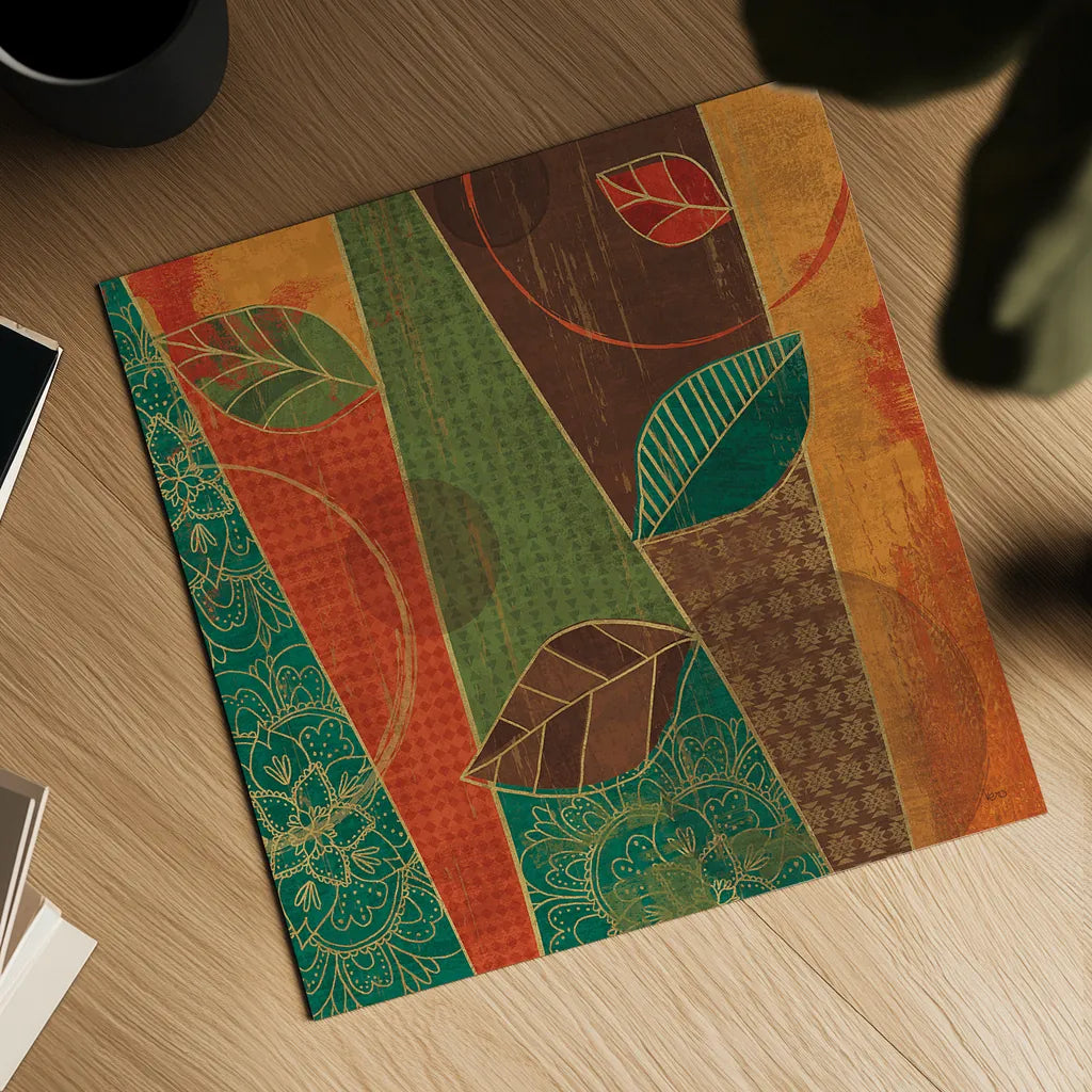 Bohemian Leaves III by Veronique Charron. Shown as a detailed flat fine art print, highlighting archival giclee quality. Available as an archival giclee rolled canvas, fine art paper, or poster print. SKU 28893a.