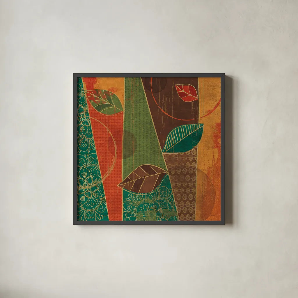 Bohemian Leaves III by Veronique Charron. Shown in a sleek black glass frame for a contemporary gallery look. Available as an archival giclee rolled canvas, fine art paper, or poster print. SKU 28893a.