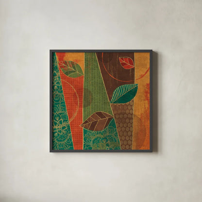 Bohemian Leaves III by Veronique Charron. Shown in a sleek black glass frame for a contemporary gallery look. Available as an archival giclee rolled canvas, fine art paper, or poster print. SKU 28893a.