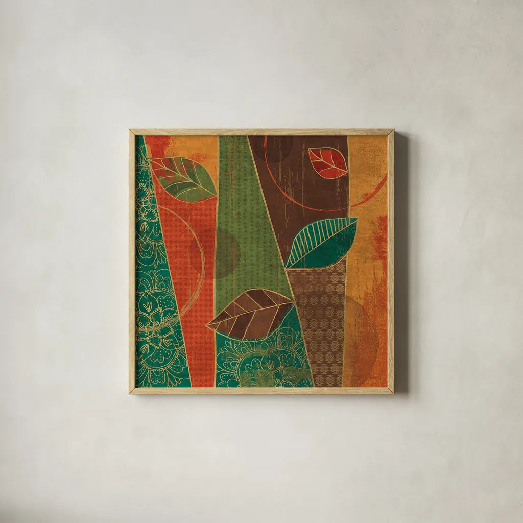 Bohemian Leaves III by Veronique Charron. Shown in a natural wood glass frame for a timeless modern aesthetic. Available as an archival giclee rolled canvas, fine art paper, or poster print. SKU 28893a.