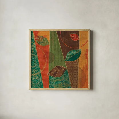 Bohemian Leaves III by Veronique Charron. Shown in a natural wood glass frame for a timeless modern aesthetic. Available as an archival giclee rolled canvas, fine art paper, or poster print. SKU 28893a.