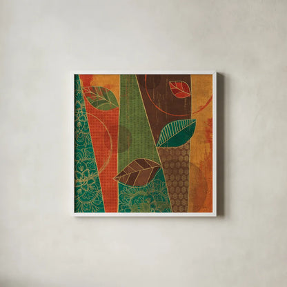 Bohemian Leaves III by Veronique Charron. Shown in a crisp white glass frame for a clean and minimalist style. Available as an archival giclee rolled canvas, fine art paper, or poster print. SKU 28893a.