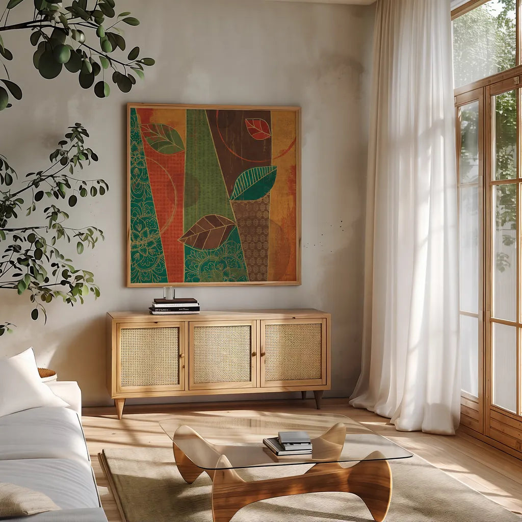 Bohemian Leaves III by Veronique Charron. Shown in a natural wood frame in a cozy modern living room. Available as an archival giclee rolled canvas, fine art paper, or poster print. SKU 28893a.