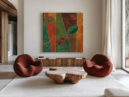 Bohemian Leaves III by Veronique Charron. Shown as extra-large giant wall art in a modern living room. Available as an archival giclee rolled canvas, fine art paper, or poster print. SKU 28893a.