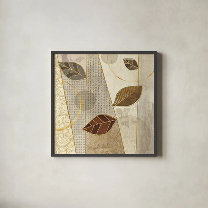 Bohemian Leaves III Neutral by Veronique Charron. Shown in a sleek black glass frame for a contemporary gallery look. Available as an archival giclee rolled canvas, fine art paper, or poster print. SKU 28898a.