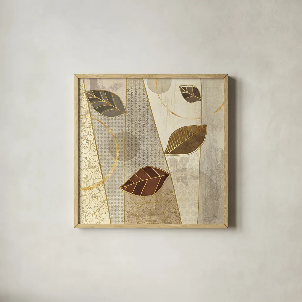 Bohemian Leaves III Neutral by Veronique Charron. Shown in a natural wood glass frame for a timeless modern aesthetic. Available as an archival giclee rolled canvas, fine art paper, or poster print. SKU 28898a.