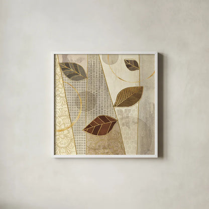 Bohemian Leaves III Neutral by Veronique Charron. Shown in a crisp white glass frame for a clean and minimalist style. Available as an archival giclee rolled canvas, fine art paper, or poster print. SKU 28898a.