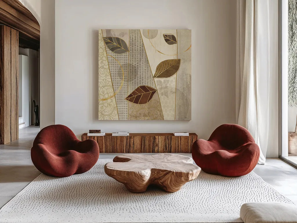 Bohemian Leaves III Neutral by Veronique Charron. Shown as extra-large giant wall art in a modern living room. Available as an archival giclee rolled canvas, fine art paper, or poster print. SKU 28898a.