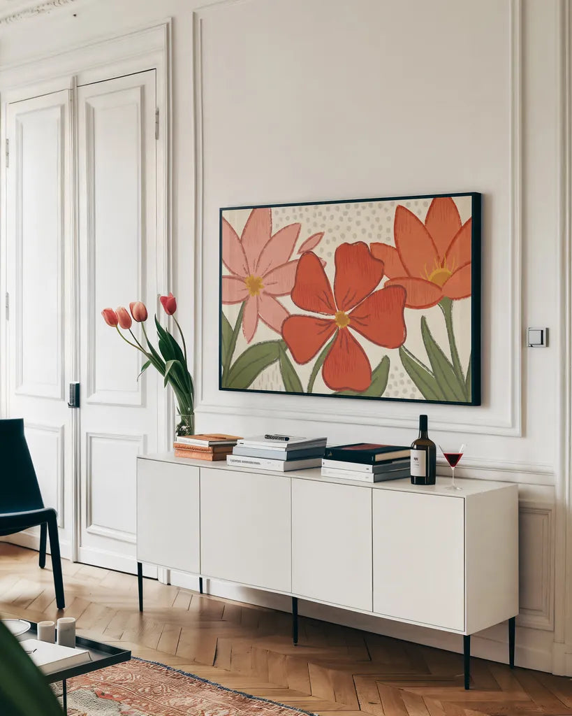 Bold Petals I by Veronique Charron. shown as a framed stretched canvas in a living room above a console. Available as a archival giclee rolled canvas, fine art paper, or poster print. SKU 98968i.
