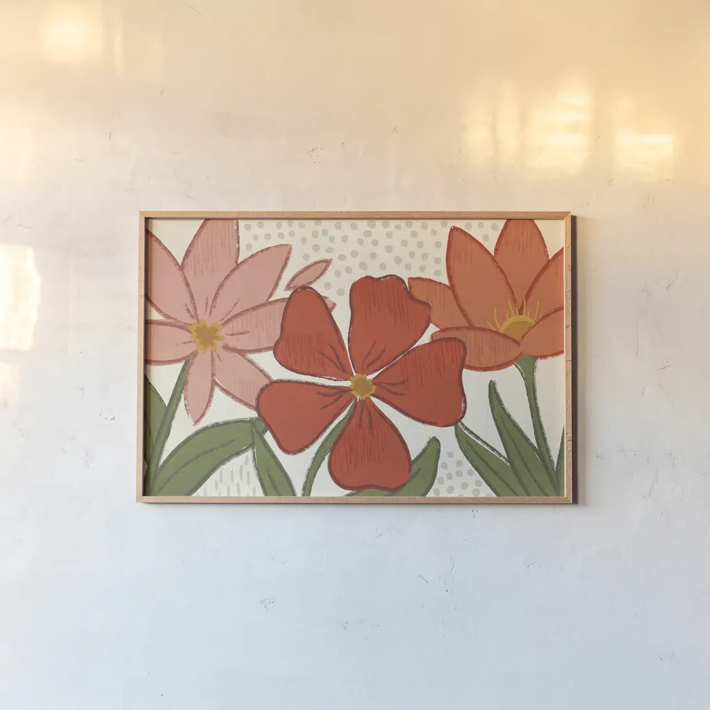 Bold Petals I by Veronique Charron. shown as a paper print in a natural frame. Available as a archival giclee rolled canvas, fine art paper, or poster print. SKU 98968i.