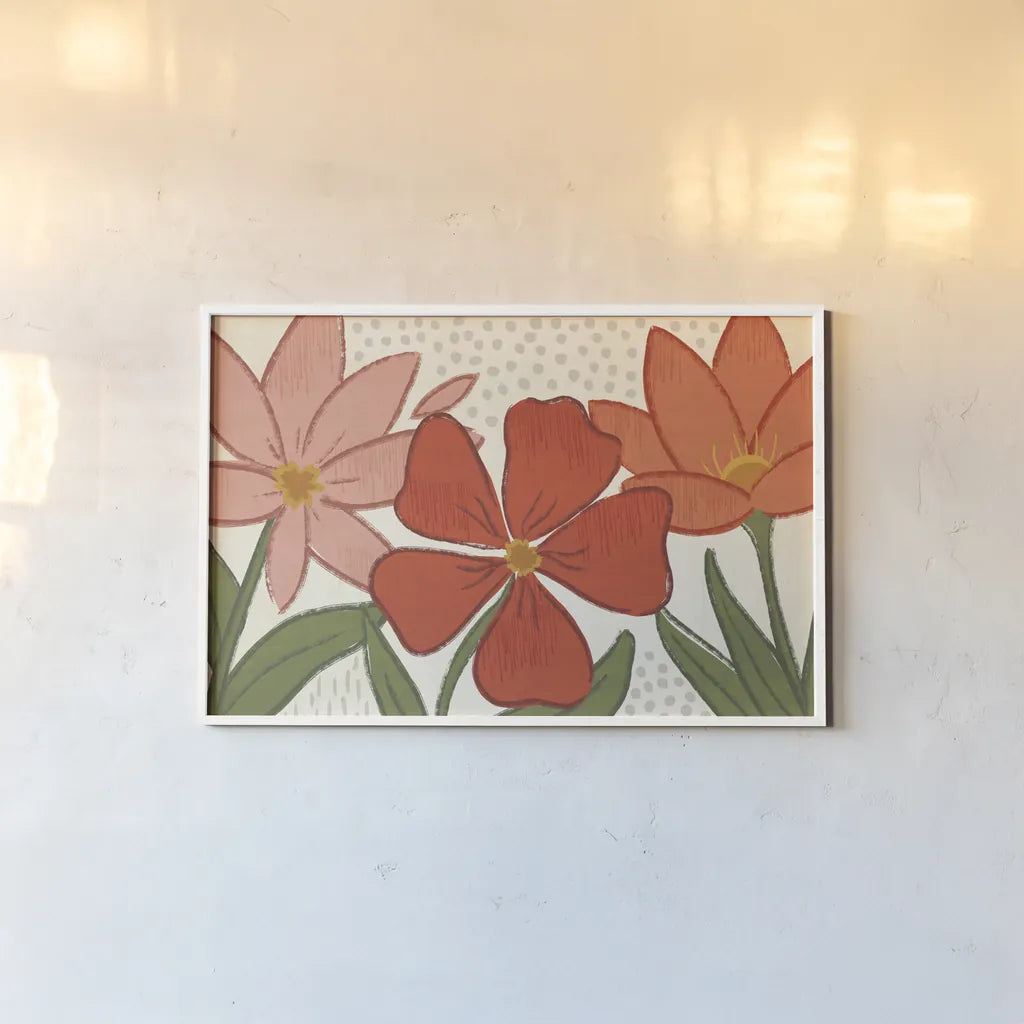 Bold Petals I by Veronique Charron. shown as a paper print in a white frame. Available as a archival giclee rolled canvas, fine art paper, or poster print. SKU 98968i.