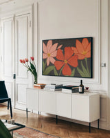 Bold Petals I Dark by Veronique Charron. shown as a framed stretched canvas in a living room above a console. Available as a archival giclee rolled canvas, fine art paper, or poster print. SKU 98969i.