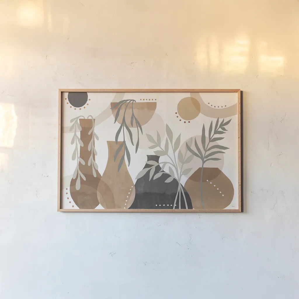 Botanical Form I Neutral by Veronique Charron. shown as a paper print in a natural frame. Available as a archival giclee rolled canvas, fine art paper, or poster print. SKU 71443i.