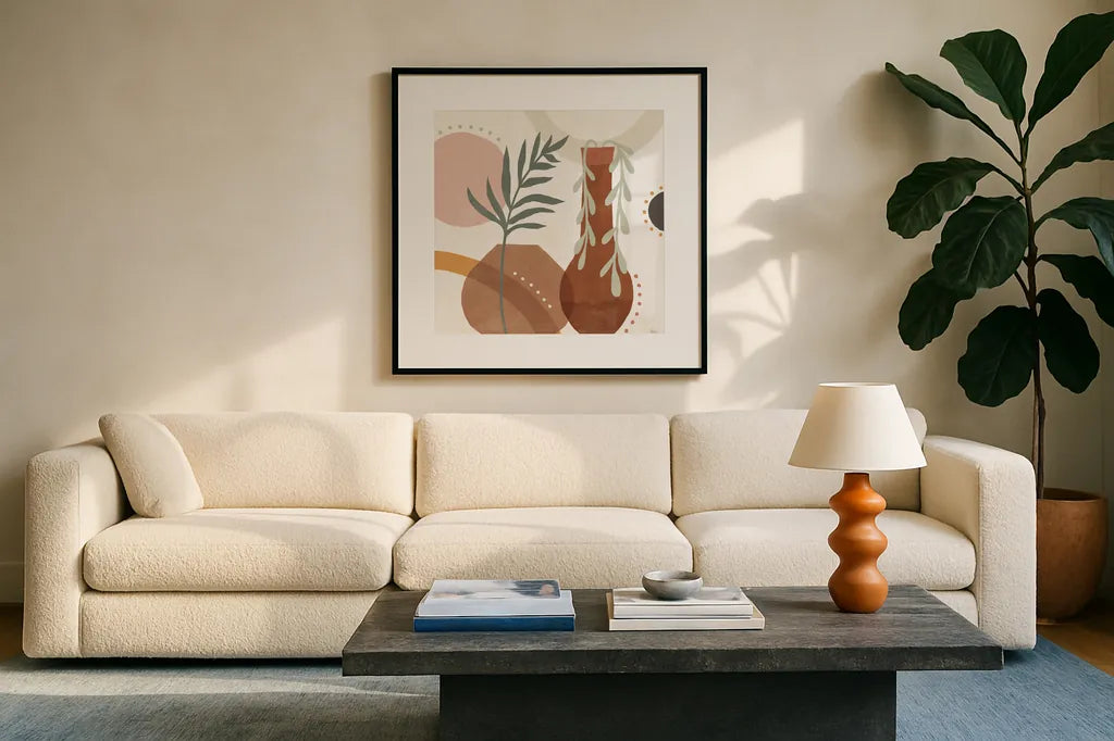 Botanical Form II by Veronique Charron. Displayed in a glass frame with matte in a clean modern living room. Available as an archival giclee rolled canvas, fine art paper, or poster print. SKU 69303a.