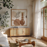 Botanical Form II Neutral by Veronique Charron. Shown in a natural wood frame in a cozy modern living room. Available as an archival giclee rolled canvas, fine art paper, or poster print. SKU 71444a.