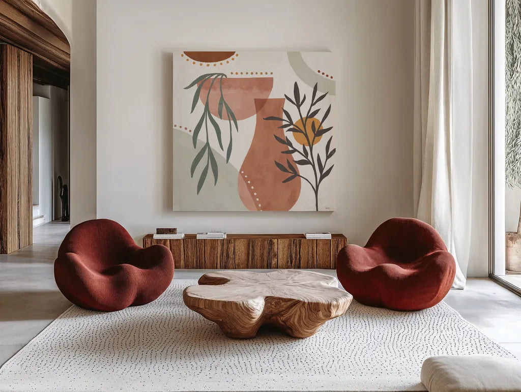 Botanical Form III by Veronique Charron. Shown as extra-large giant wall art in a modern living room. Available as an archival giclee rolled canvas, fine art paper, or poster print. SKU 69304a.