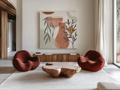 Botanical Form III by Veronique Charron. Shown as extra-large giant wall art in a modern living room. Available as an archival giclee rolled canvas, fine art paper, or poster print. SKU 69304a.