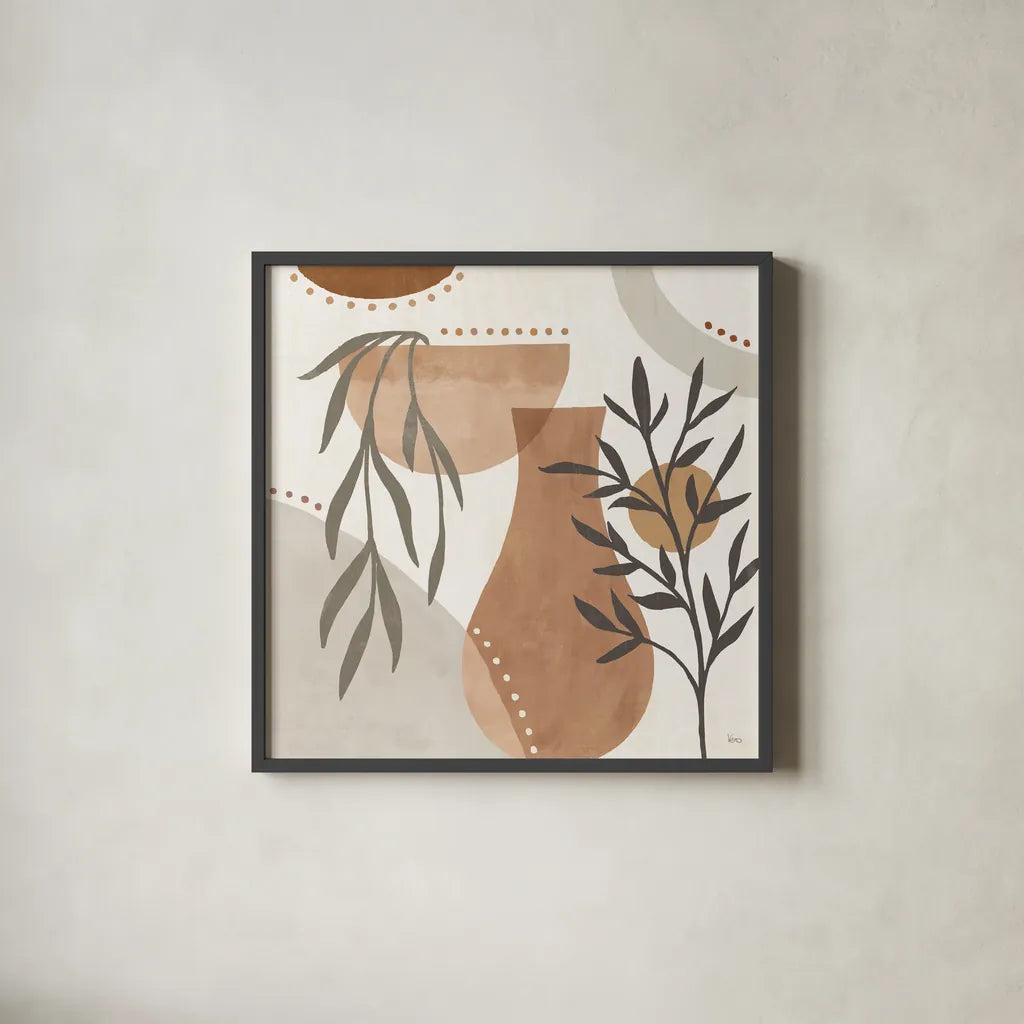 Botanical Form III Neutral by Veronique Charron. Shown in a sleek black glass frame for a contemporary gallery look. Available as an archival giclee rolled canvas, fine art paper, or poster print. SKU 71445a.
