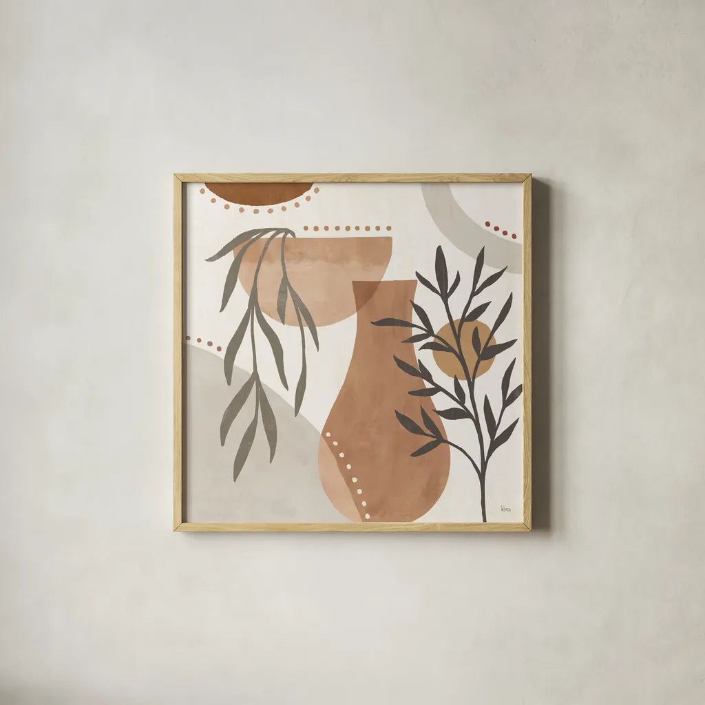 Botanical Form III Neutral by Veronique Charron. Shown in a natural wood glass frame for a timeless modern aesthetic. Available as an archival giclee rolled canvas, fine art paper, or poster print. SKU 71445a.