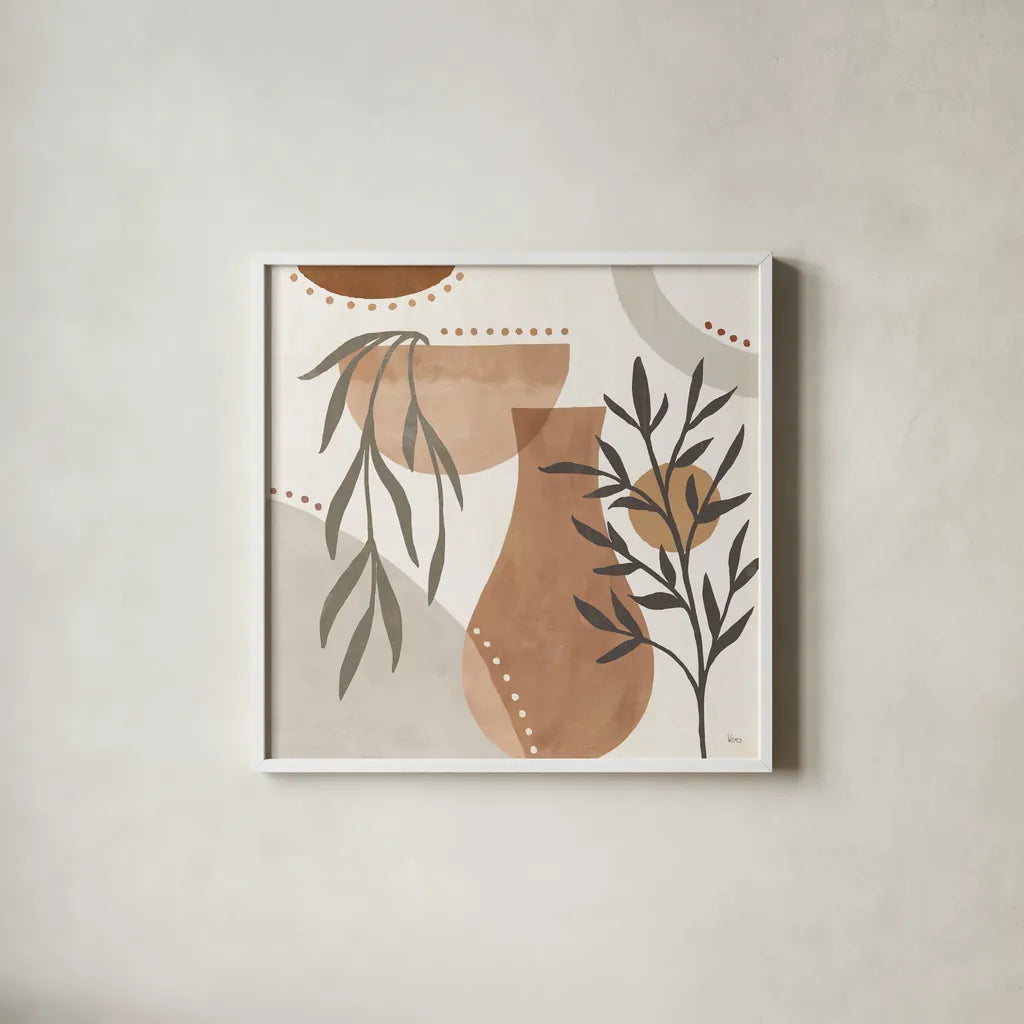 Botanical Form III Neutral by Veronique Charron. Shown in a crisp white glass frame for a clean and minimalist style. Available as an archival giclee rolled canvas, fine art paper, or poster print. SKU 71445a.