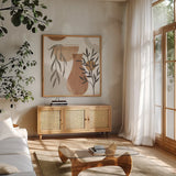 Botanical Form III Neutral by Veronique Charron. Shown in a natural wood frame in a cozy modern living room. Available as an archival giclee rolled canvas, fine art paper, or poster print. SKU 71445a.