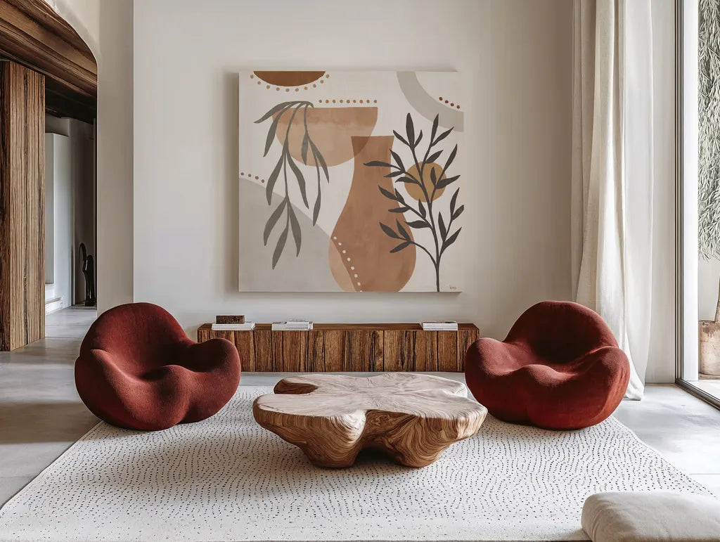 Botanical Form III Neutral by Veronique Charron. Shown as extra-large giant wall art in a modern living room. Available as an archival giclee rolled canvas, fine art paper, or poster print. SKU 71445a.