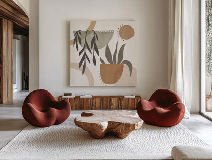 Botanical Form IV Neutral by Veronique Charron. Shown as extra-large giant wall art in a modern living room. Available as an archival giclee rolled canvas, fine art paper, or poster print. SKU 71446a.