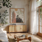 Botanical Form V by Veronique Charron. Shown in a natural wood frame in a cozy modern living room. Available as an archival giclee rolled canvas, fine art paper, or poster print. SKU 69306a.
