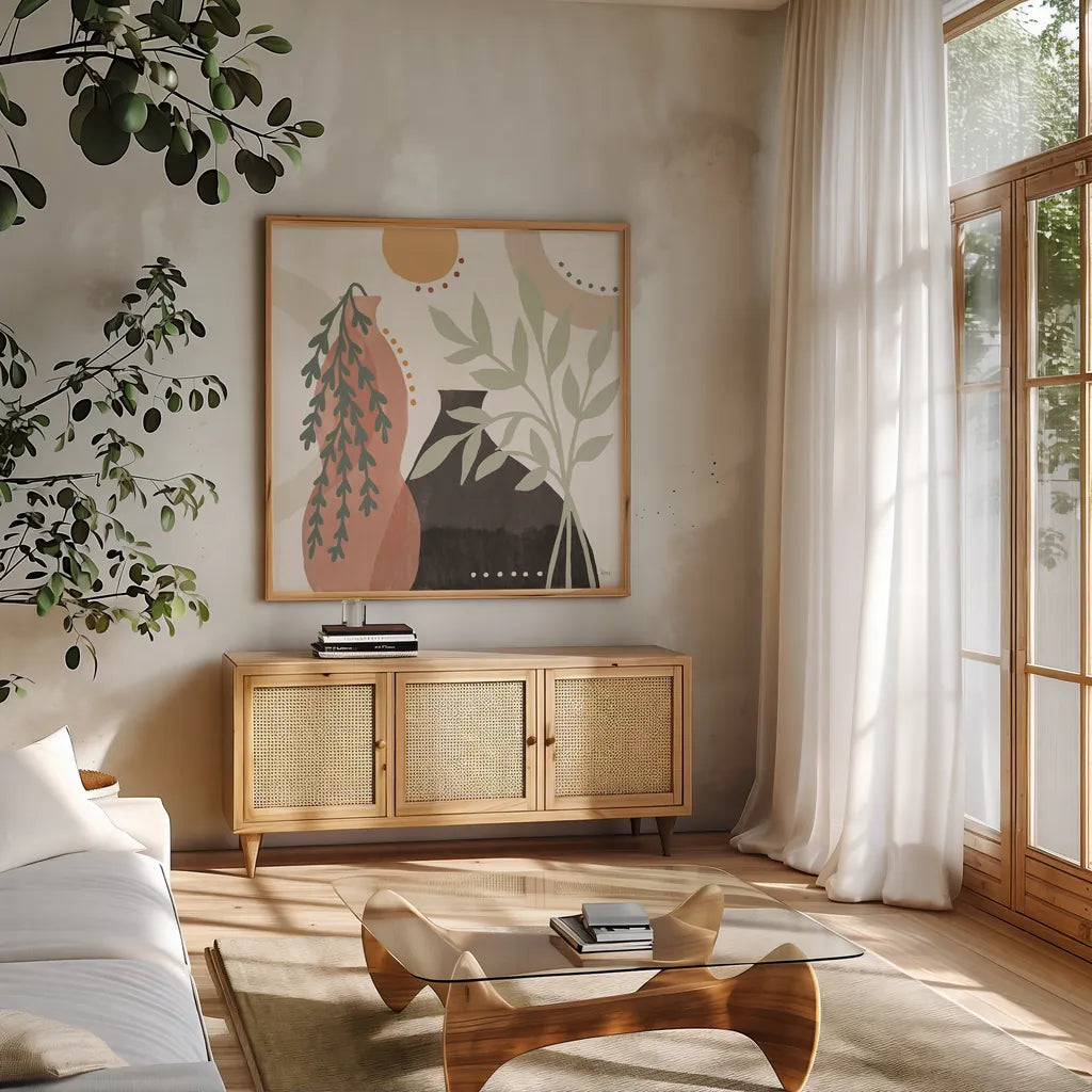 Botanical Form V by Veronique Charron. Shown in a natural wood frame in a cozy modern living room. Available as an archival giclee rolled canvas, fine art paper, or poster print. SKU 69306a.