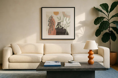 Botanical Form V by Veronique Charron. Displayed in a glass frame with matte in a clean modern living room. Available as an archival giclee rolled canvas, fine art paper, or poster print. SKU 69306a.
