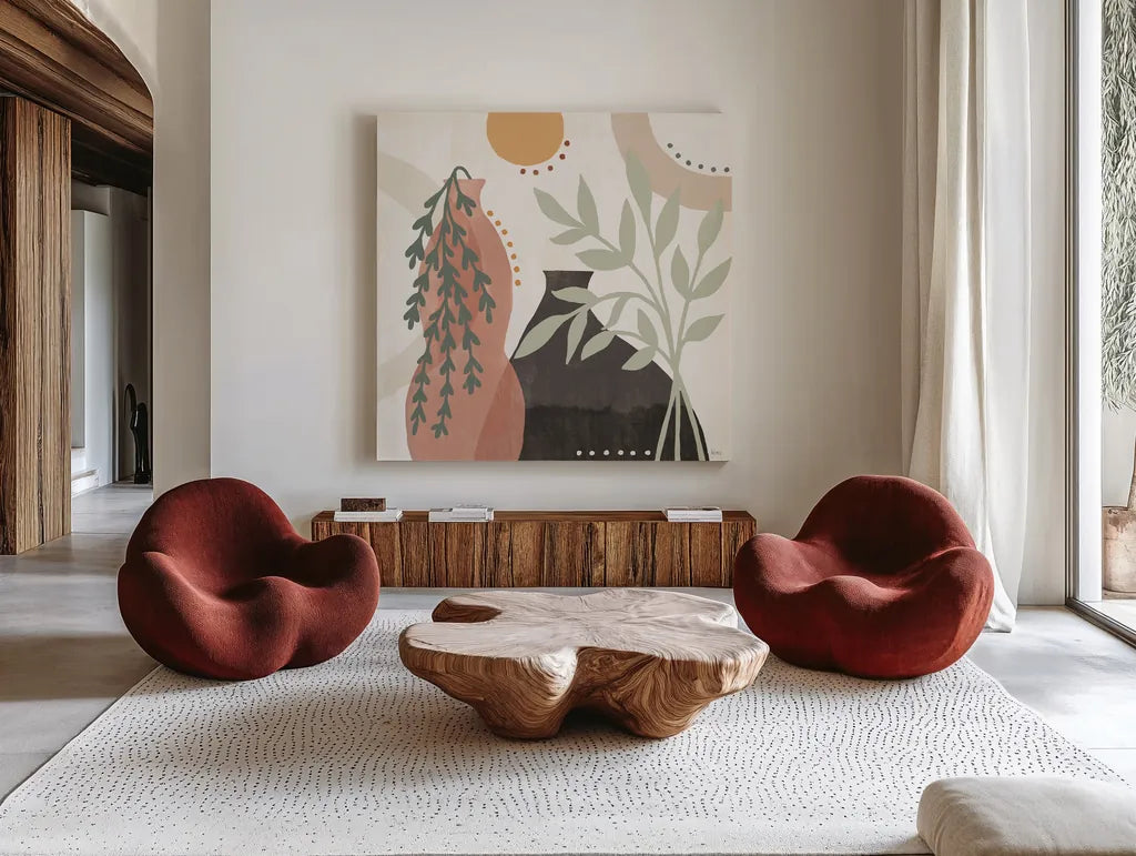 Botanical Form V by Veronique Charron. Shown as extra-large giant wall art in a modern living room. Available as an archival giclee rolled canvas, fine art paper, or poster print. SKU 69306a.