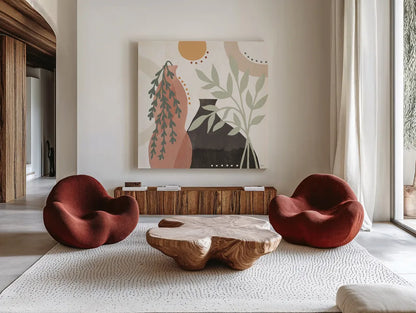 Botanical Form V by Veronique Charron. Shown as extra-large giant wall art in a modern living room. Available as an archival giclee rolled canvas, fine art paper, or poster print. SKU 69306a.