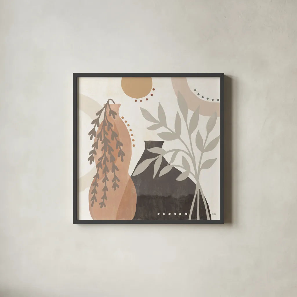 Botanical Form V Neutral by Veronique Charron. Shown in a sleek black glass frame for a contemporary gallery look. Available as an archival giclee rolled canvas, fine art paper, or poster print. SKU 71447a.