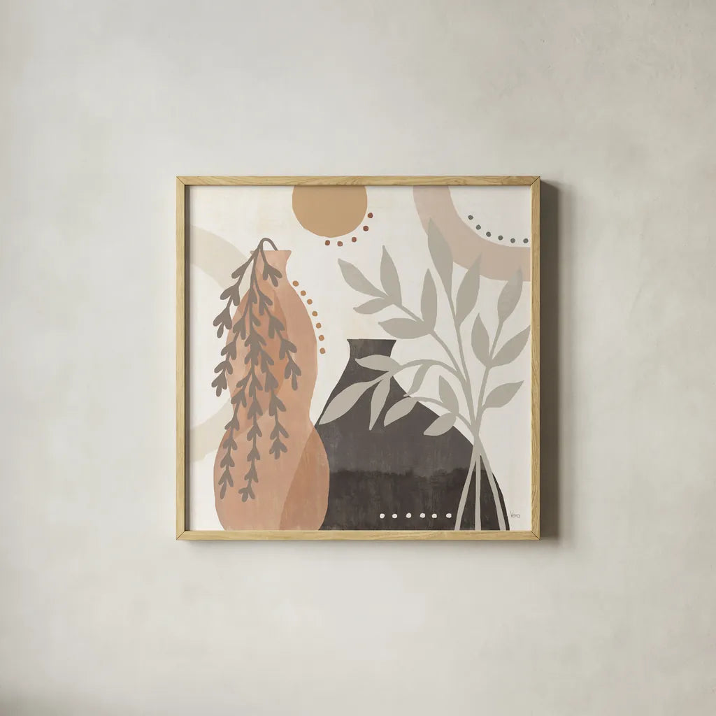 Botanical Form V Neutral by Veronique Charron. Shown in a natural wood glass frame for a timeless modern aesthetic. Available as an archival giclee rolled canvas, fine art paper, or poster print. SKU 71447a.
