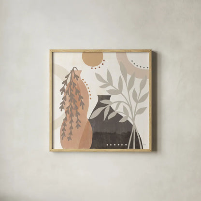 Botanical Form V Neutral by Veronique Charron. Shown in a natural wood glass frame for a timeless modern aesthetic. Available as an archival giclee rolled canvas, fine art paper, or poster print. SKU 71447a.