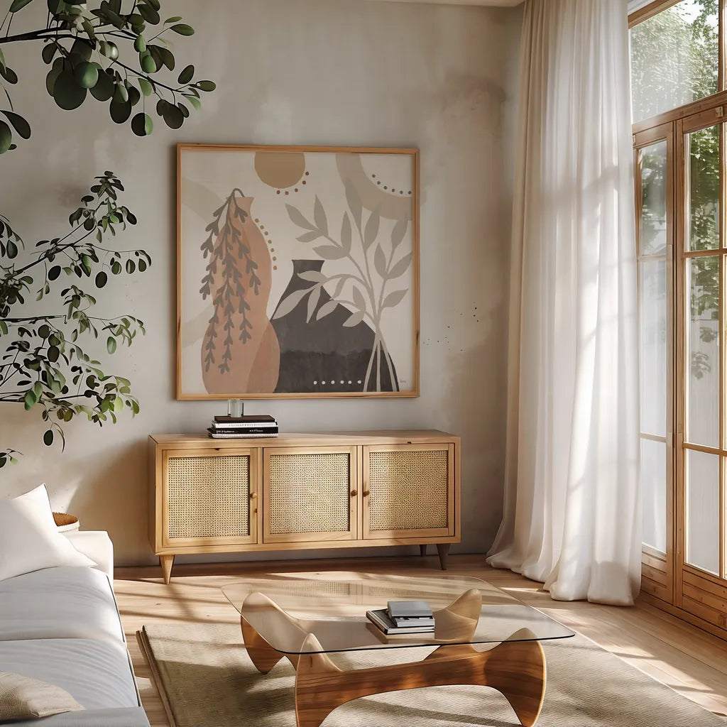 Botanical Form V Neutral by Veronique Charron. Shown in a natural wood frame in a cozy modern living room. Available as an archival giclee rolled canvas, fine art paper, or poster print. SKU 71447a.