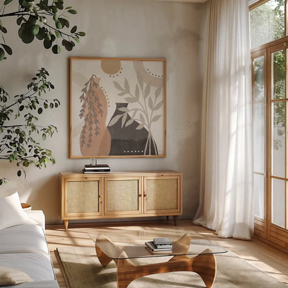 Botanical Form V Neutral by Veronique Charron. Shown in a natural wood frame in a cozy modern living room. Available as an archival giclee rolled canvas, fine art paper, or poster print. SKU 71447a.