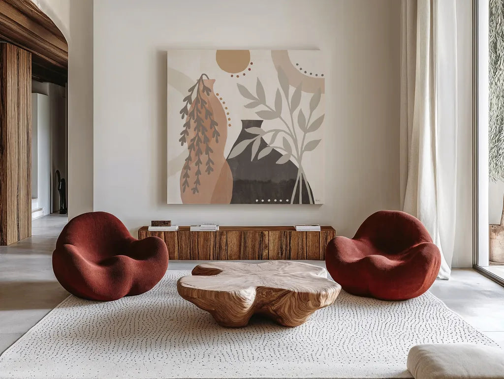 Botanical Form V Neutral by Veronique Charron. Shown as extra-large giant wall art in a modern living room. Available as an archival giclee rolled canvas, fine art paper, or poster print. SKU 71447a.
