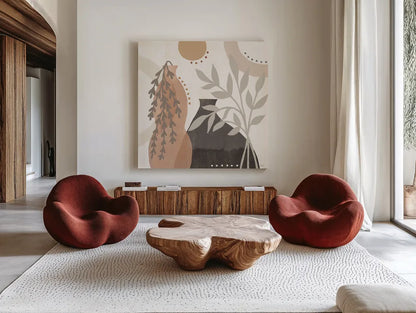 Botanical Form V Neutral by Veronique Charron. Shown as extra-large giant wall art in a modern living room. Available as an archival giclee rolled canvas, fine art paper, or poster print. SKU 71447a.