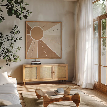 Botanical Form VI Neutral by Veronique Charron. Shown in a natural wood frame in a cozy modern living room. Available as an archival giclee rolled canvas, fine art paper, or poster print. SKU 71448a.