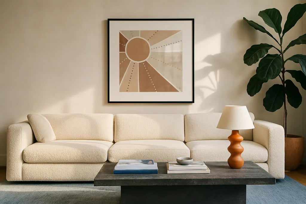 Botanical Form VI Neutral by Veronique Charron. Displayed in a glass frame with matte in a clean modern living room. Available as an archival giclee rolled canvas, fine art paper, or poster print. SKU 71448a.