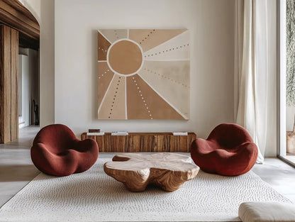 Botanical Form VI Neutral by Veronique Charron. Shown as extra-large giant wall art in a modern living room. Available as an archival giclee rolled canvas, fine art paper, or poster print. SKU 71448a.