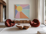 Botanical Form VI Pastel by Veronique Charron. Shown as extra-large giant wall art in a modern living room. Available as an archival giclee rolled canvas, fine art paper, or poster print. SKU 84108a.
